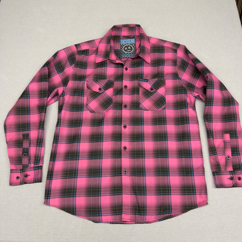 Dixxon Flannel Shirt Mens XL Pink Black Vanishing Ones Biker Plaid Casual